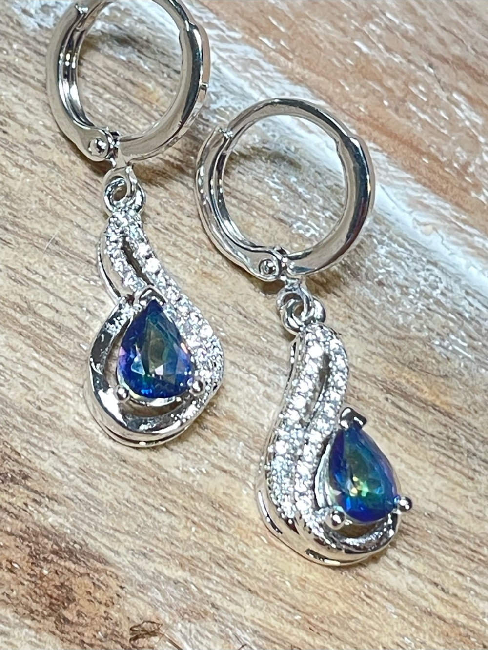 Blue Green AB Mystic Stone Teardrop Dangle Earrings in Silver Tone Setting - Picture 2 of 4